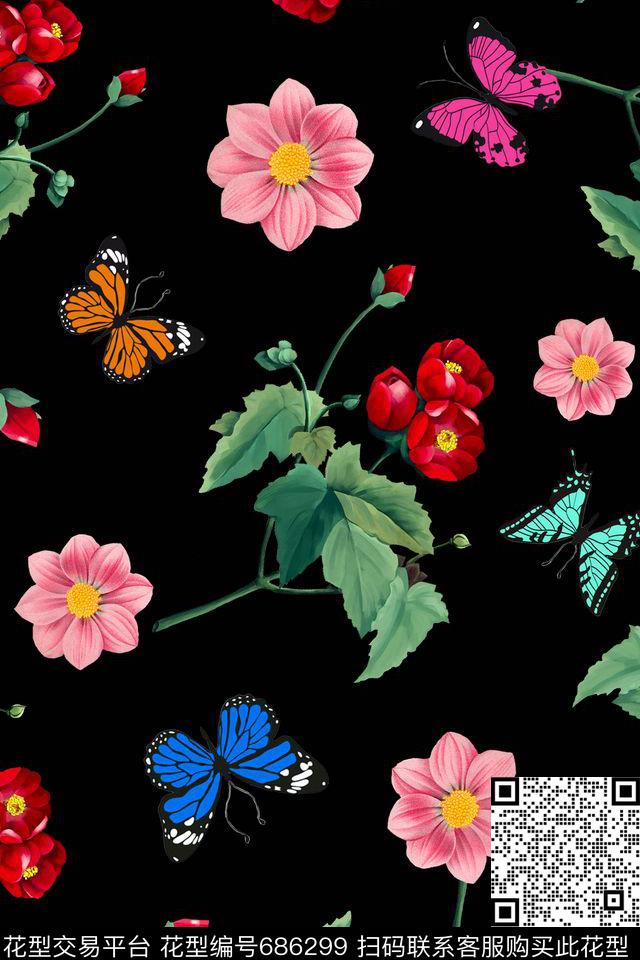 花卉蝴蝶数码印花华亿平台下载（图片编号: 686299） - 瓦栏（Walan）