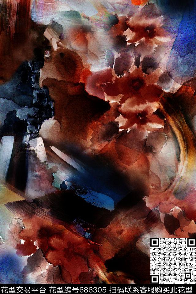 数码花大气抽象水墨画秋冬华亿平台数码印花华亿平台下载（图片编号: 686305） - 瓦栏（Walan）