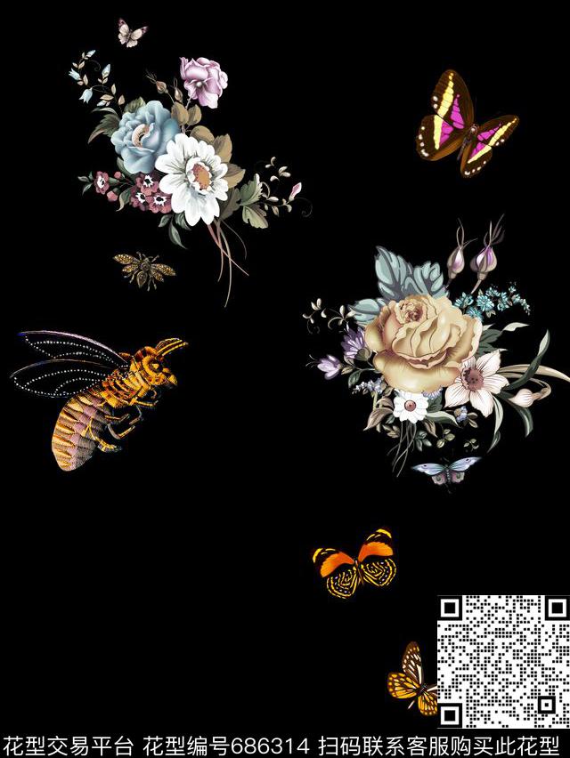 蜜蜂古驰牡丹数码印花华亿平台下载（图片编号: 686314） - 瓦栏（Walan）