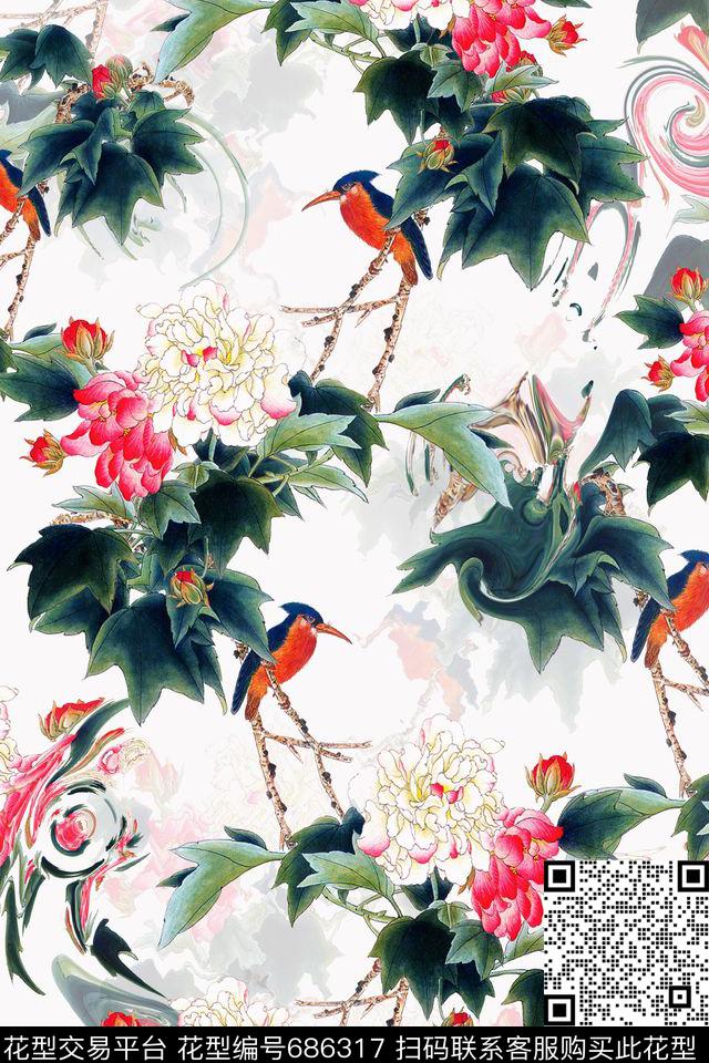国画中国风花鸟数码印花华亿平台下载（图片编号: 686317） - 瓦栏（Walan）