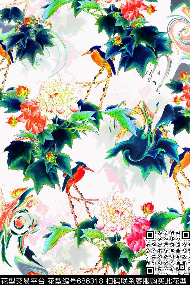 国画中国风花鸟数码印花华亿平台下载（图片编号: 686318） - 瓦栏（Walan）