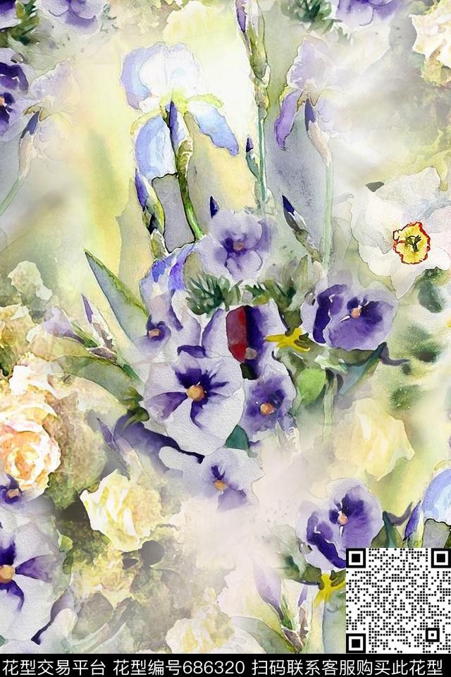 花朵花卉水彩数码印花华亿平台下载（图片编号: 686320） - 瓦栏（Walan）