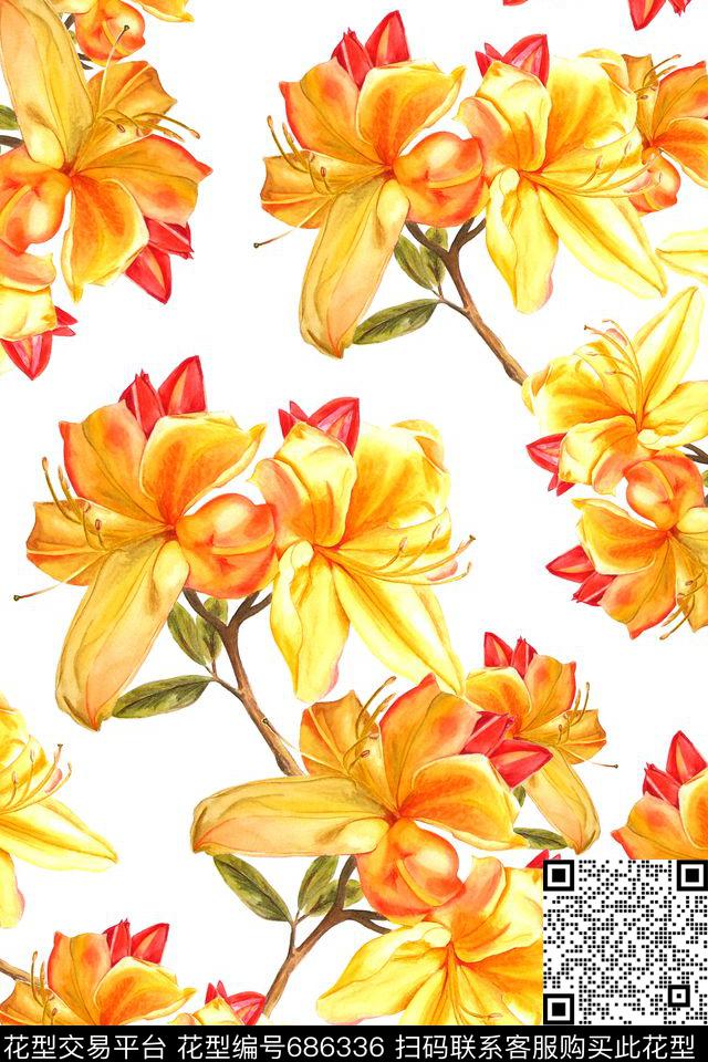 花卉手绘大花数码印花华亿平台下载（图片编号: 686336） - 瓦栏（Walan）