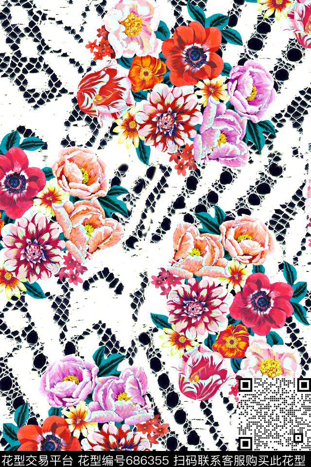 油画花卉蛇纹底数码印花华亿平台下载（图片编号: 686355） - 瓦栏（Walan）