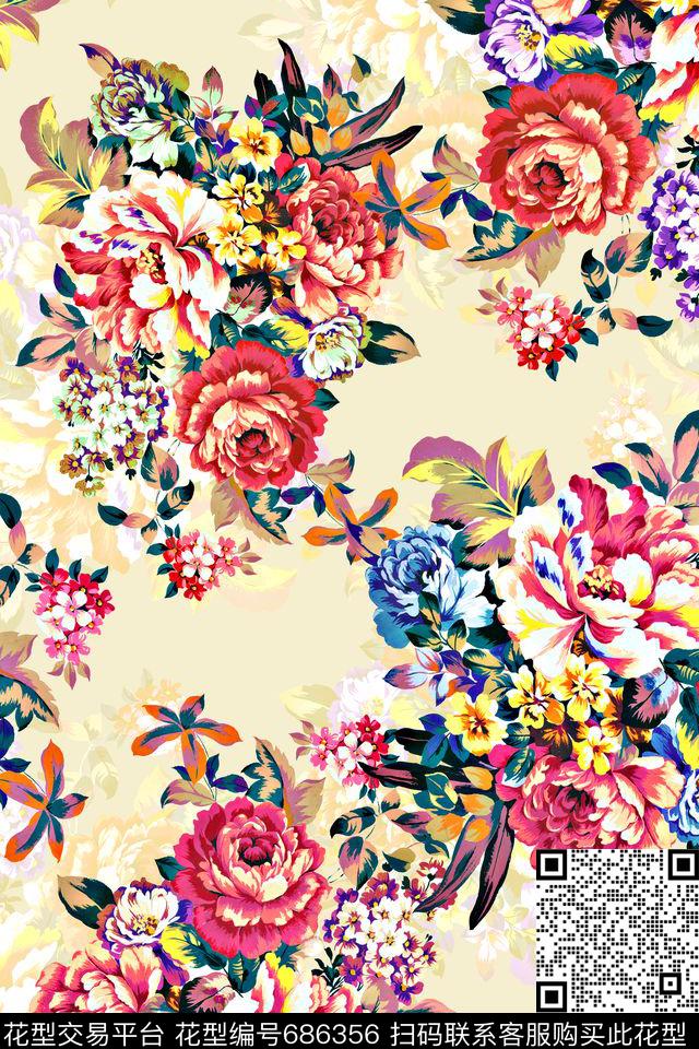 油画花卉牡丹数码印花华亿平台下载（图片编号: 686356） - 瓦栏（Walan）
