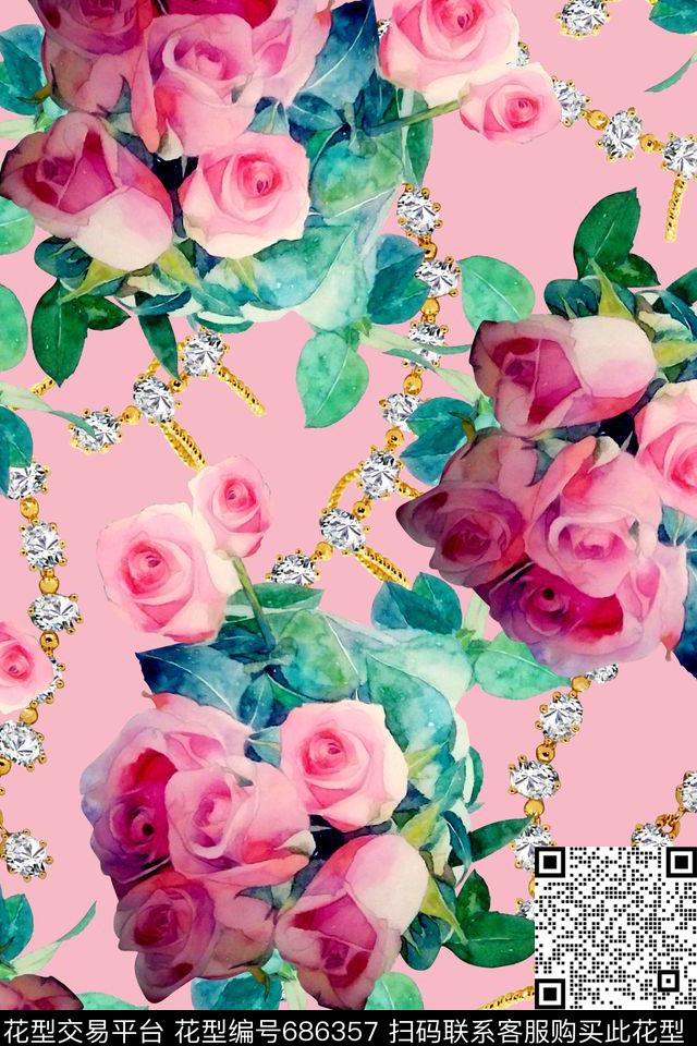 水彩花卉玫瑰数码印花华亿平台下载（图片编号: 686357） - 瓦栏（Walan）