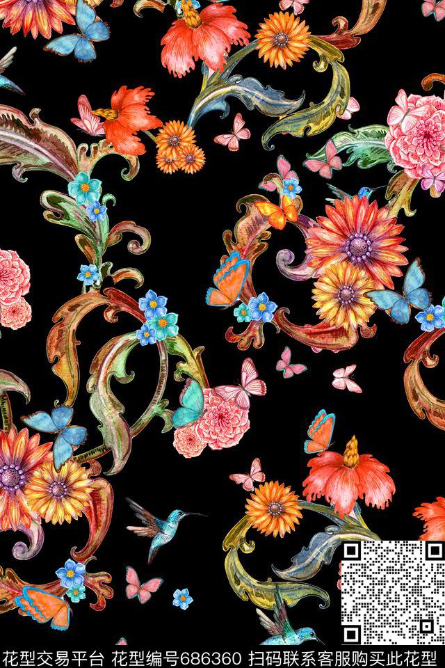 欧式花卉手绘卷草卷草数码印花华亿平台下载（图片编号: 686360） - 瓦栏（Walan）