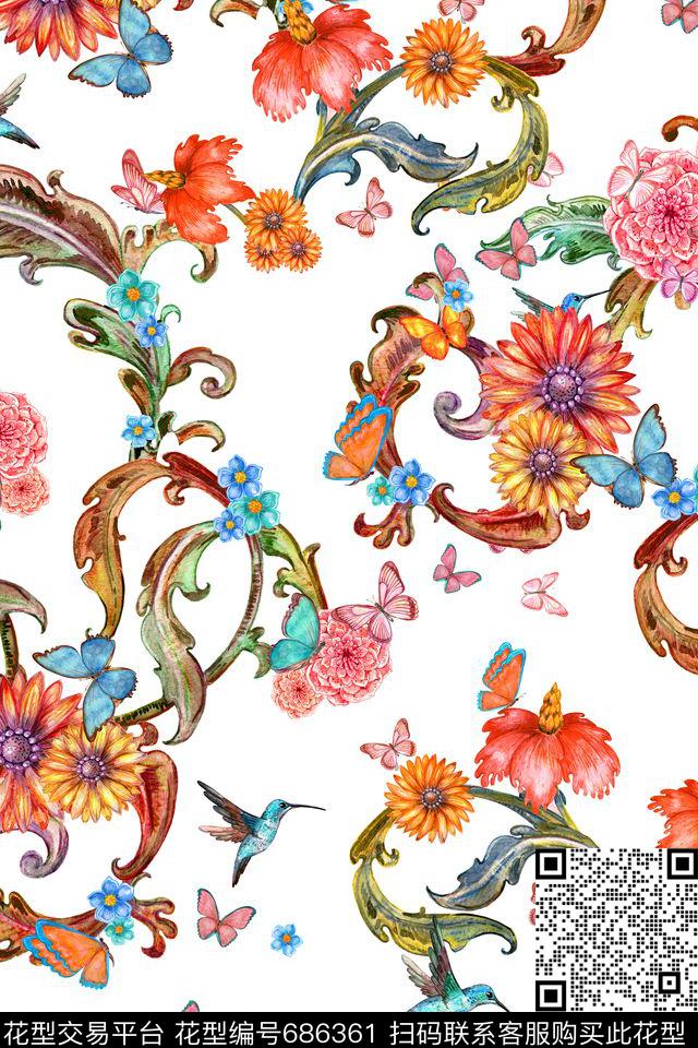 欧式花卉手绘卷草卷草数码印花华亿平台下载（图片编号: 686361） - 瓦栏（Walan）