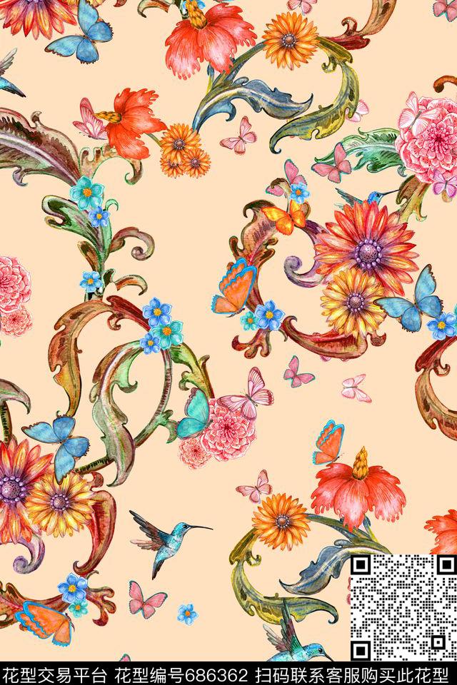 欧式花卉手绘卷草卷草数码印花华亿平台下载（图片编号: 686362） - 瓦栏（Walan）