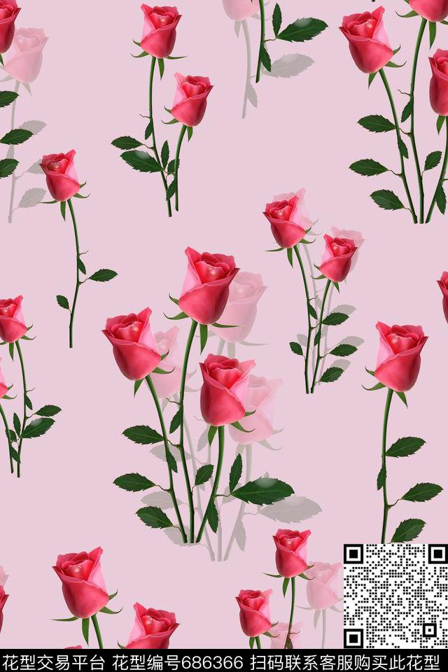 花鸟花朵玫瑰花数码印花华亿平台下载（图片编号: 686366） - 瓦栏（Walan）