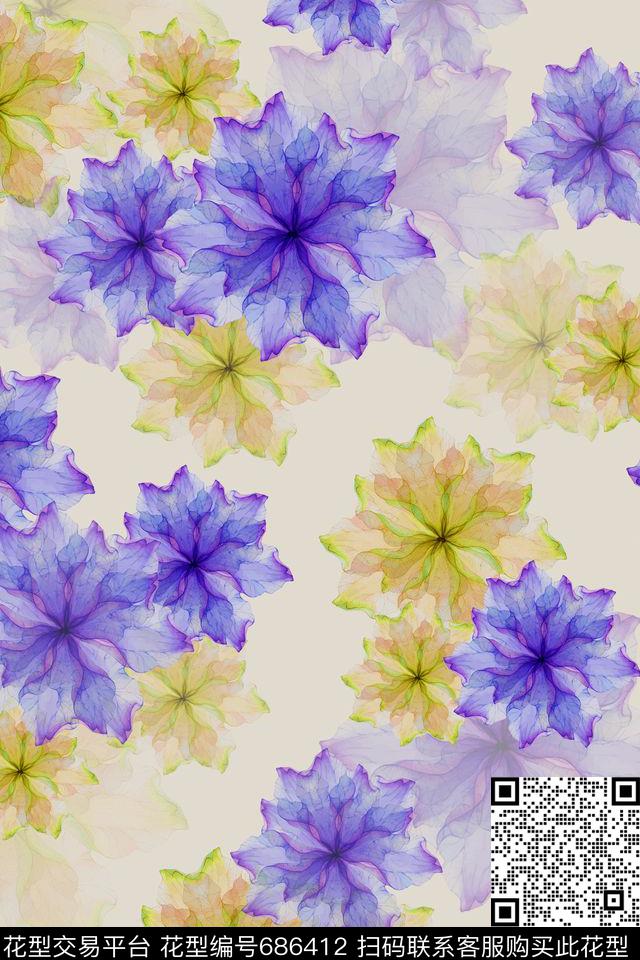 乱花大花花卉数码印花华亿平台下载（图片编号: 686412） - 瓦栏（Walan）