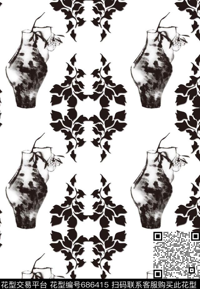 青瓷花中国风水墨传统印花华亿平台下载（图片编号: 686415） - 瓦栏（Walan）