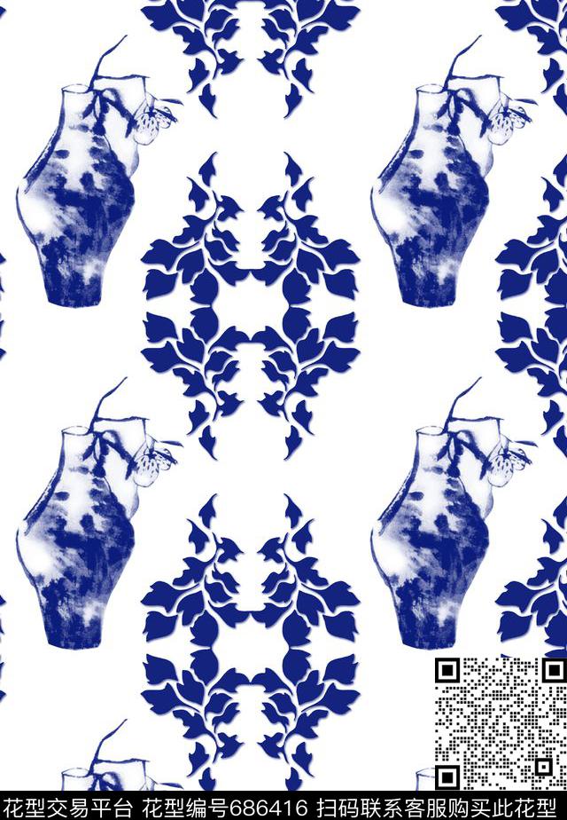 青瓷花中国风水墨传统印花华亿平台下载（图片编号: 686416） - 瓦栏（Walan）