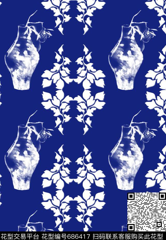 青瓷花中国风水墨传统印花华亿平台下载（图片编号: 686417） - 瓦栏（Walan）
