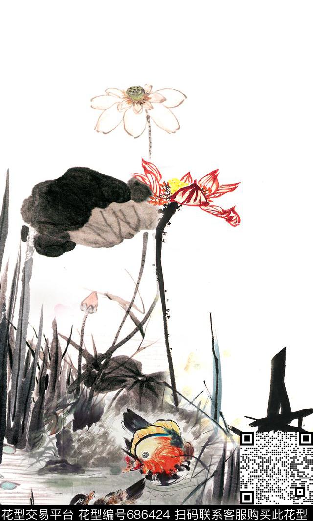 水墨荷花鸳鸯数码印花华亿平台下载（图片编号: 686424） - 瓦栏（Walan）