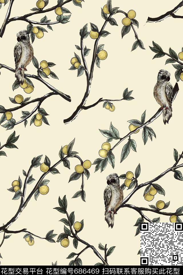 果树猫头鹰杜嘉班纳数码印花华亿平台下载（图片编号: 686469） - 瓦栏（Walan）