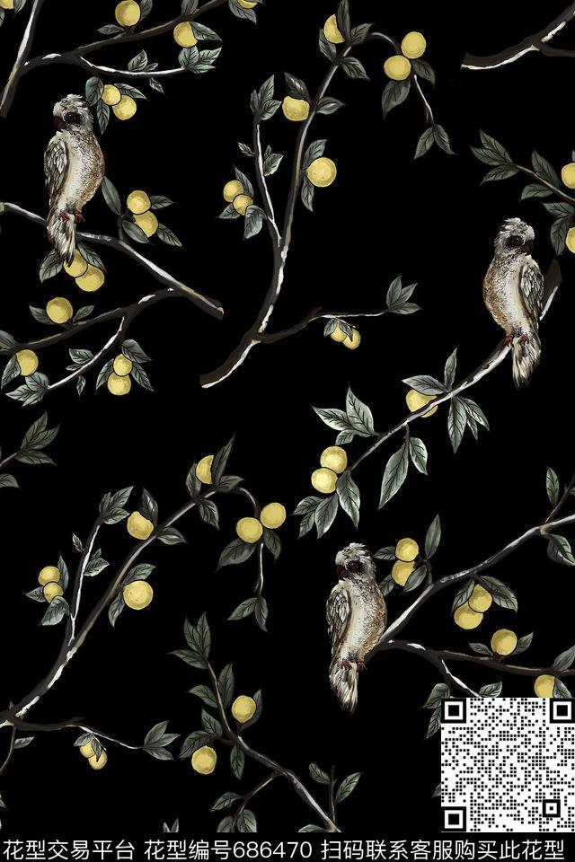 果树猫头鹰杜嘉班纳数码印花华亿平台下载（图片编号: 686470） - 瓦栏（Walan）