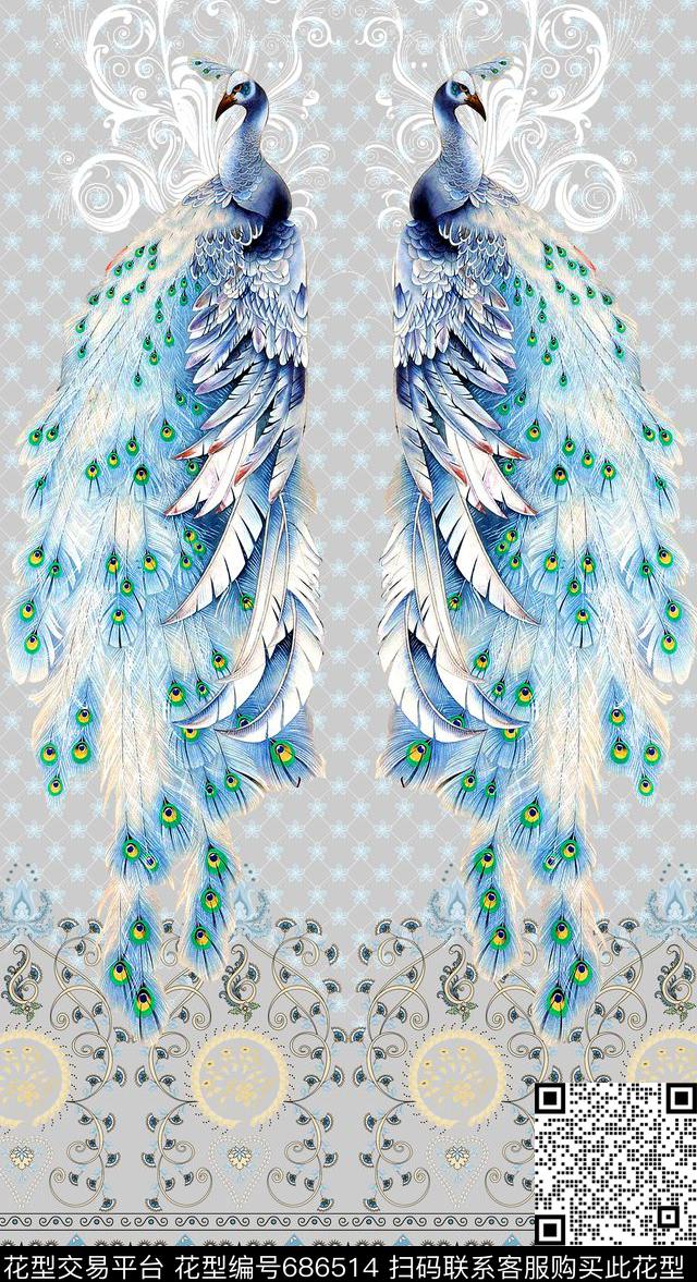孔雀几何格子数码印花华亿平台下载（图片编号: 686514） - 瓦栏（Walan）