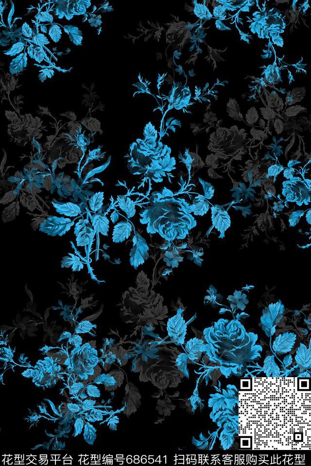 单色花卉四方连续数码印花华亿平台下载（图片编号: 686541） - 瓦栏（Walan）