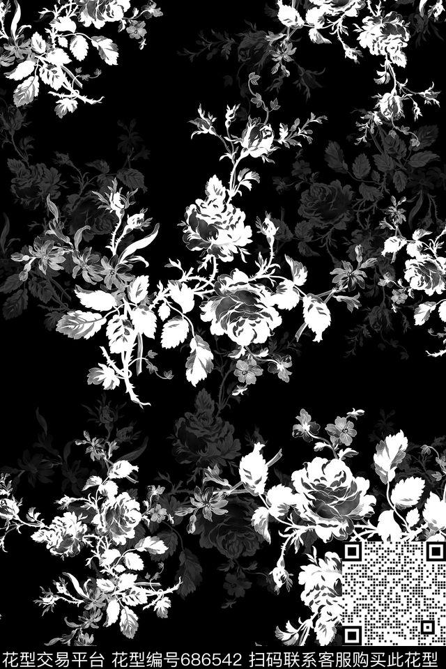 单色花卉四方连续数码印花华亿平台下载（图片编号: 686542） - 瓦栏（Walan）
