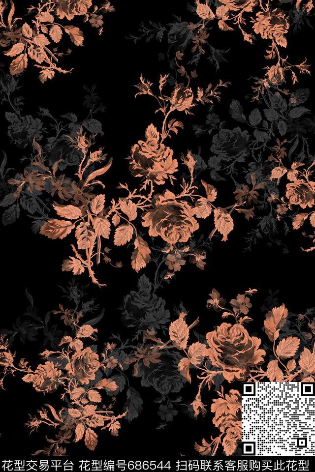 单色花卉四方连续数码印花华亿平台下载（图片编号: 686544） - 瓦栏（Walan）