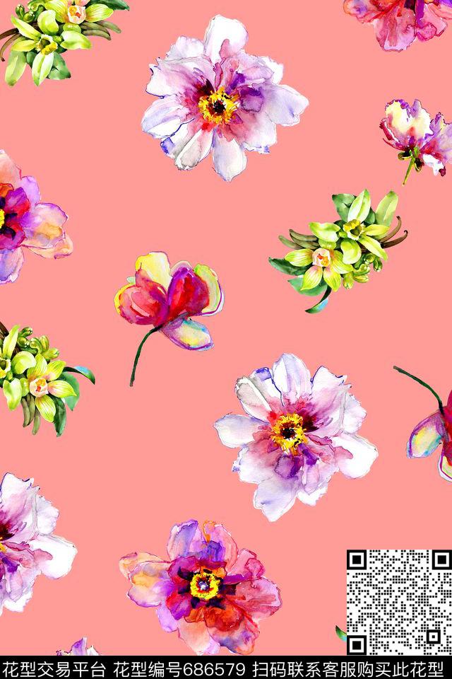 时尚手绘花卉数码印花华亿平台下载（图片编号: 686579） - 瓦栏（Walan）