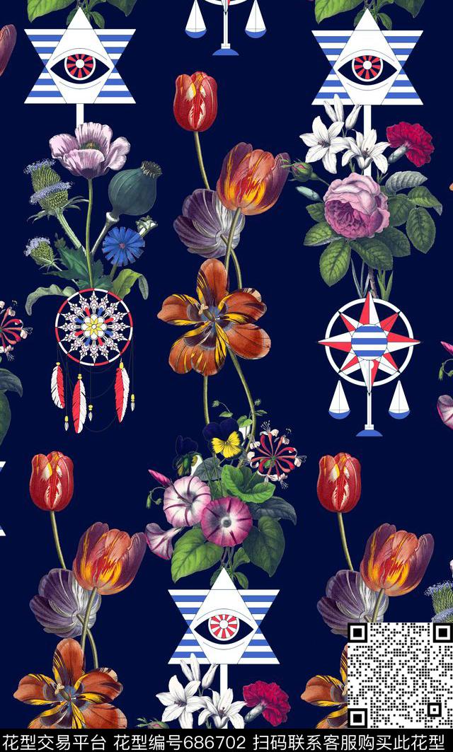 花卉复古花几何数码印花华亿平台下载（图片编号: 686702） - 瓦栏（Walan）