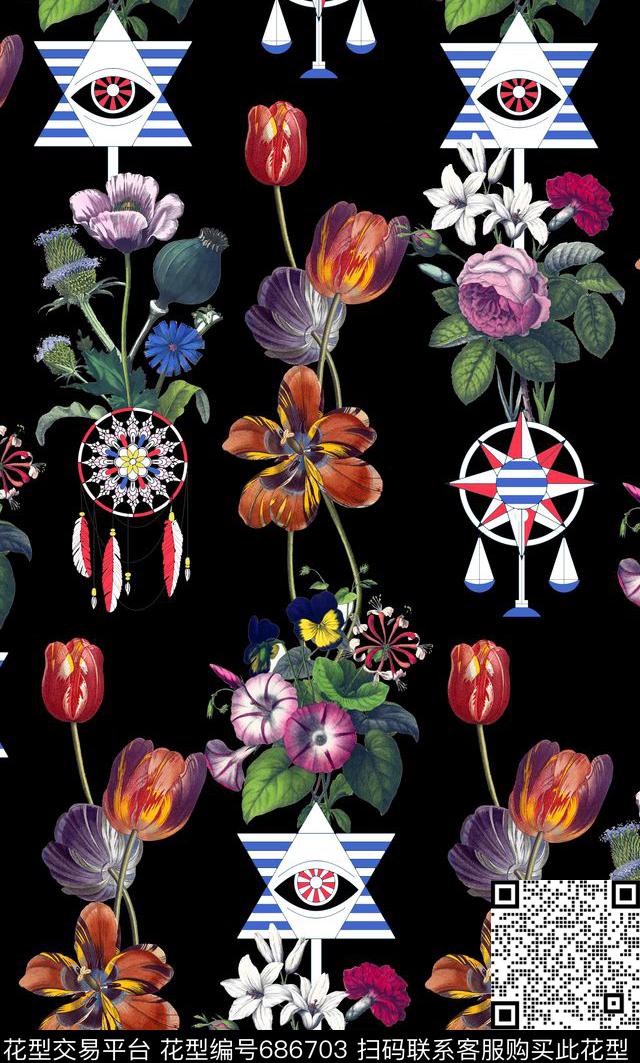 花卉复古花几何数码印花华亿平台下载（图片编号: 686703） - 瓦栏（Walan）