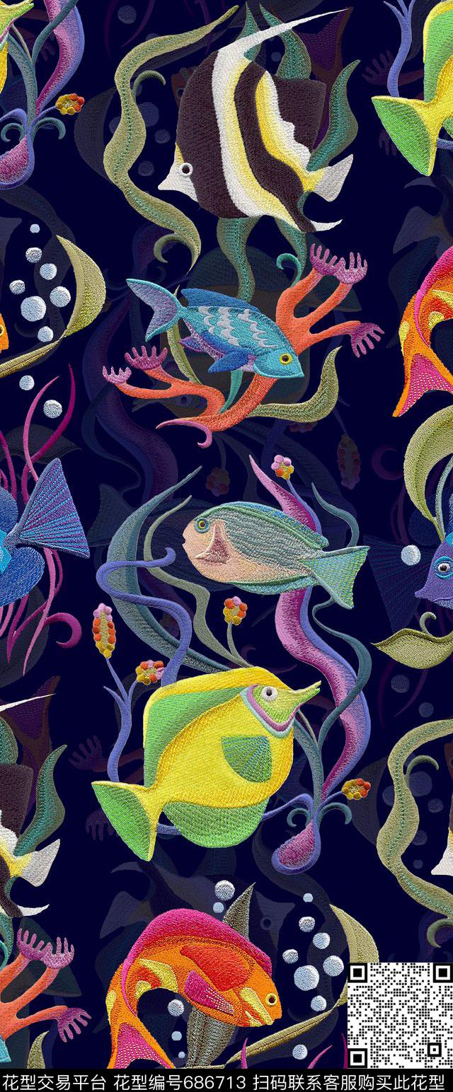 刺绣海洋鱼数码印花华亿平台下载（图片编号: 686713） - 瓦栏（Walan）