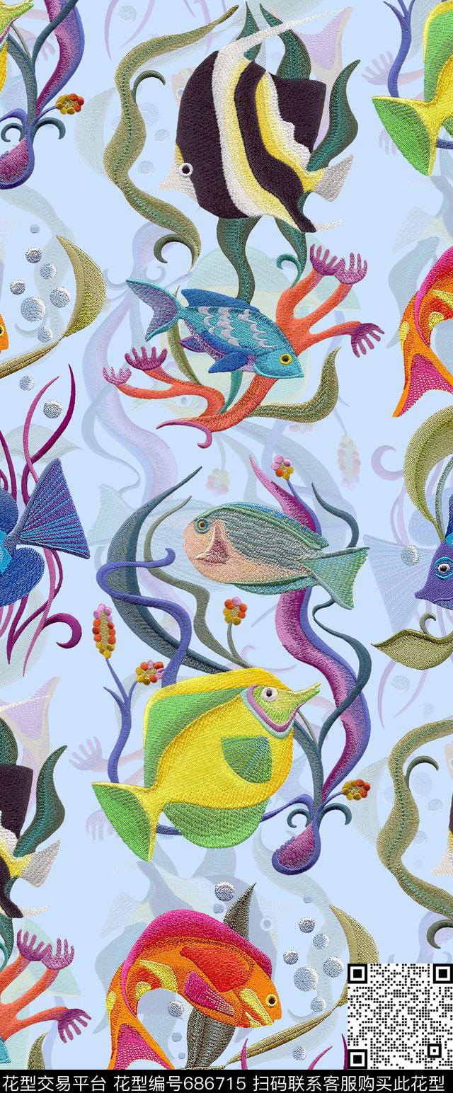 刺绣海洋鱼数码印花华亿平台下载（图片编号: 686715） - 瓦栏（Walan）