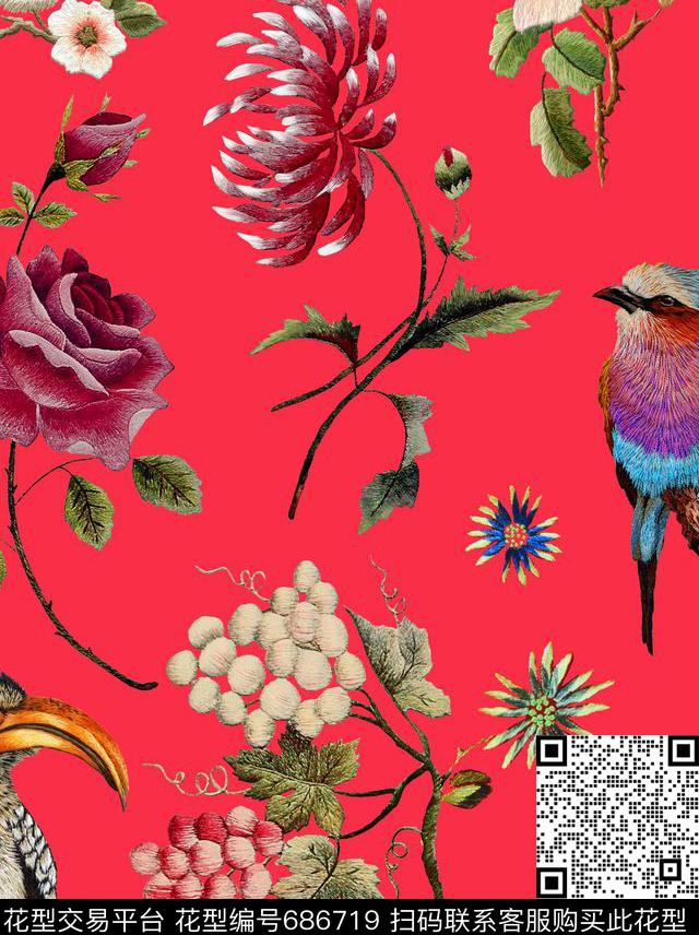 原创刺绣刺绣花鸟数码印花华亿平台下载（图片编号: 686719） - 瓦栏（Walan）