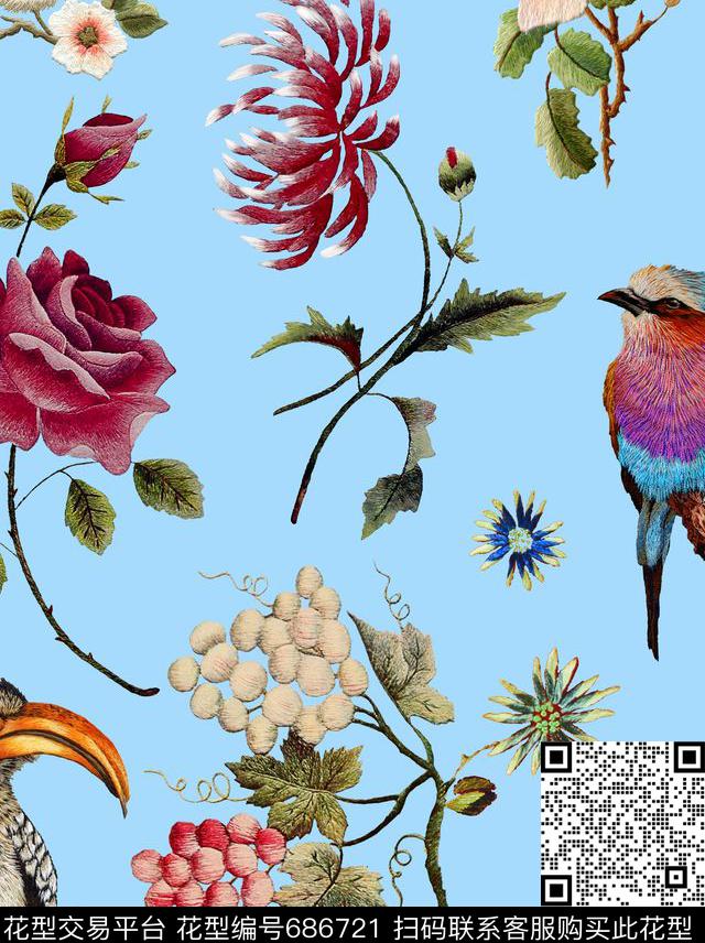 原创刺绣刺绣花鸟数码印花华亿平台下载（图片编号: 686721） - 瓦栏（Walan）