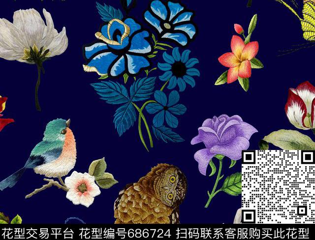 原创刺绣刺绣花鸟数码印花华亿平台下载（图片编号: 686724） - 瓦栏（Walan）