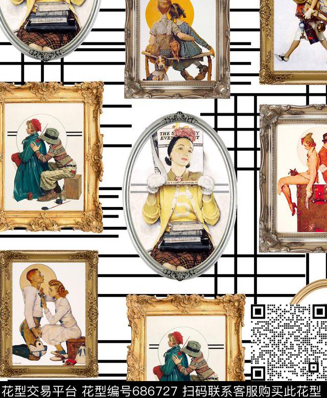 人物几何相框数码印花华亿平台下载（图片编号: 686727） - 瓦栏（Walan）