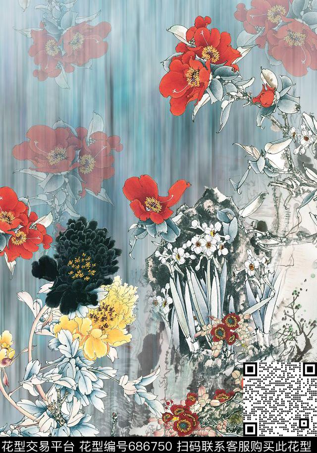 中国风定位花花卉国画中国风旗袍数码印花华亿平台下载（图片编号: 686750） - 瓦栏（Walan）