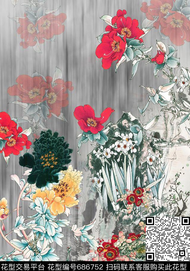 中国风定位花花卉国画中国风旗袍数码印花华亿平台下载（图片编号: 686752） - 瓦栏（Walan）