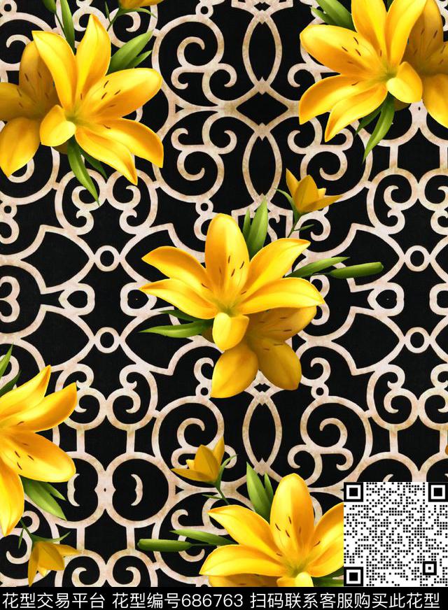 水彩花卉几何数码印花华亿平台下载（图片编号: 686763） - 瓦栏（Walan）