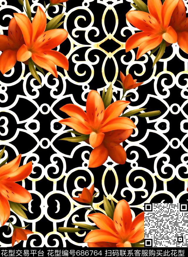 水彩花卉几何数码印花华亿平台下载（图片编号: 686764） - 瓦栏（Walan）