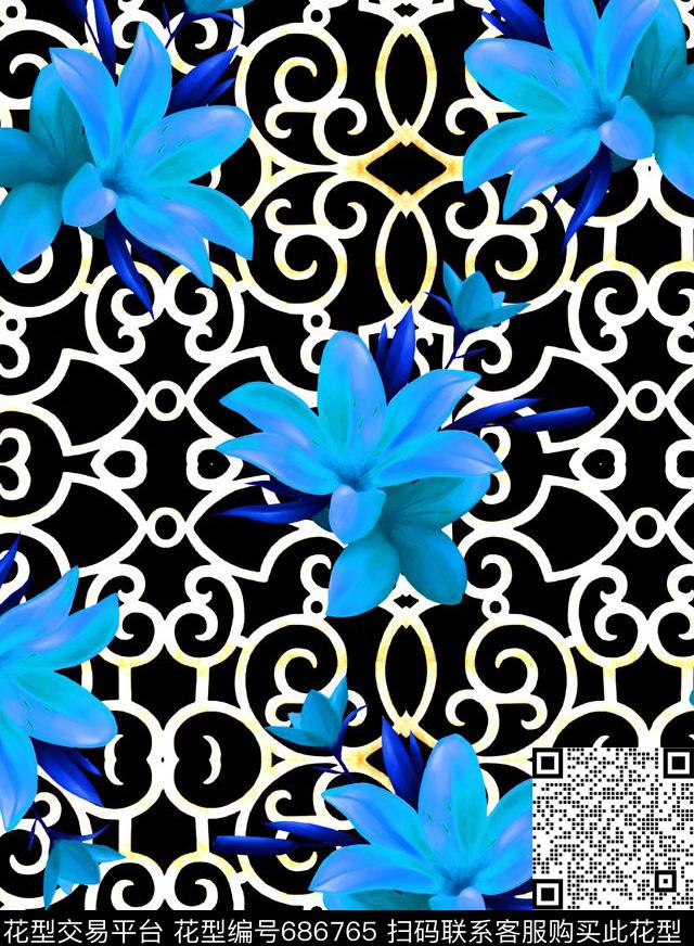 水彩花卉几何数码印花华亿平台下载（图片编号: 686765） - 瓦栏（Walan）