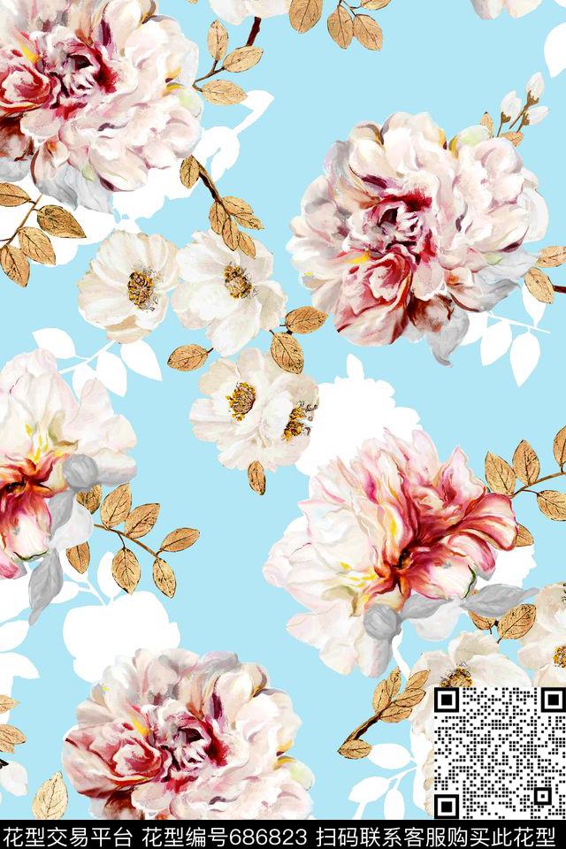 花卉。清新大朵花卉流行数码印花华亿平台下载（图片编号: 686823） - 瓦栏（Walan）