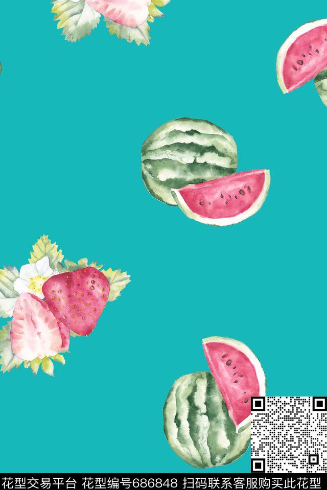 手绘水彩西瓜数码印花华亿平台下载（图片编号: 686848） - 瓦栏（Walan）