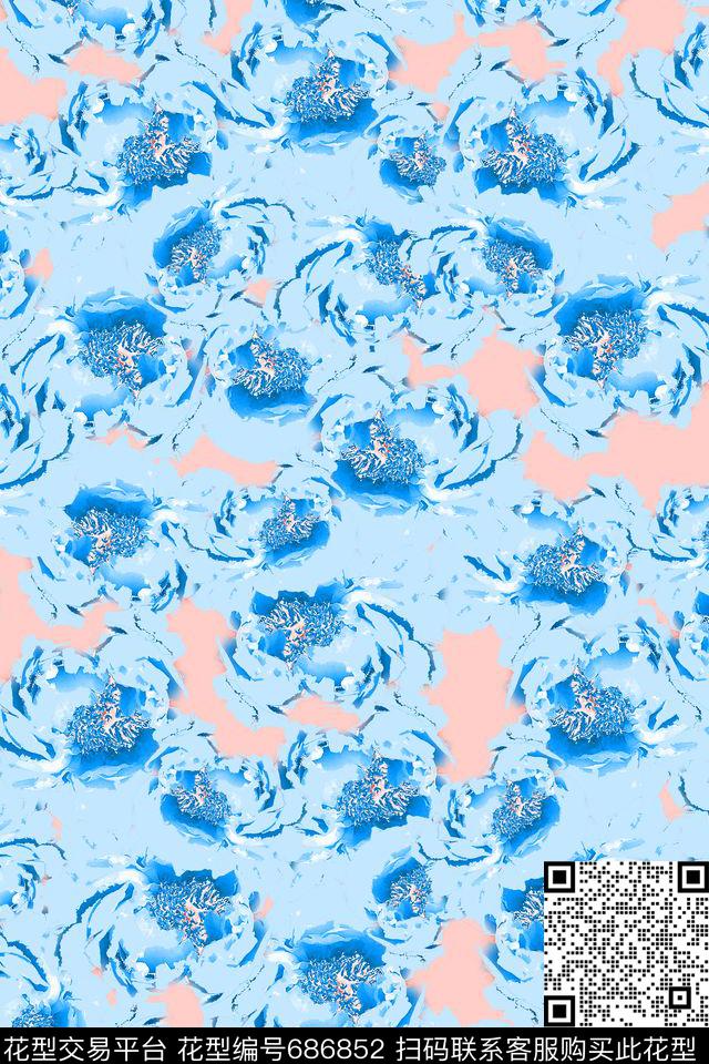 青蓝雅韵系列花卉意向抽象花卉组合数码印花华亿平台下载（图片编号: 686852） - 瓦栏（Walan）