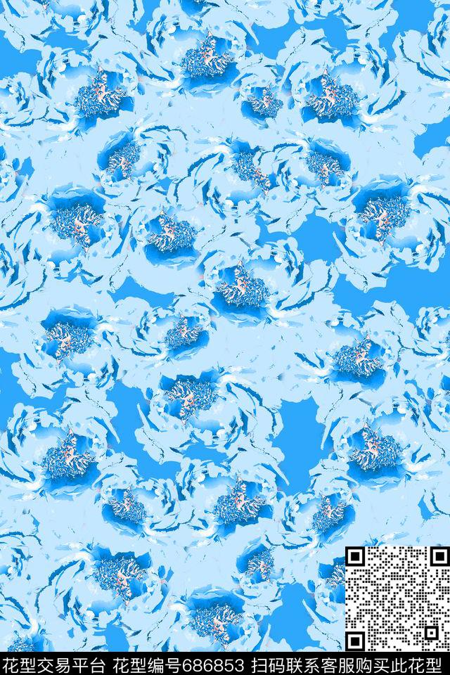 青蓝雅韵系列花卉意向抽象花卉组合数码印花华亿平台下载（图片编号: 686853） - 瓦栏（Walan）