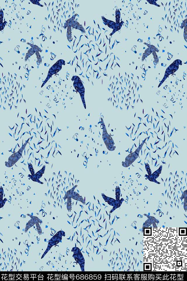 几何拼贴鸟昆虫图案青蓝雅韵系列传统印花华亿平台下载（图片编号: 686859） - 瓦栏（Walan）