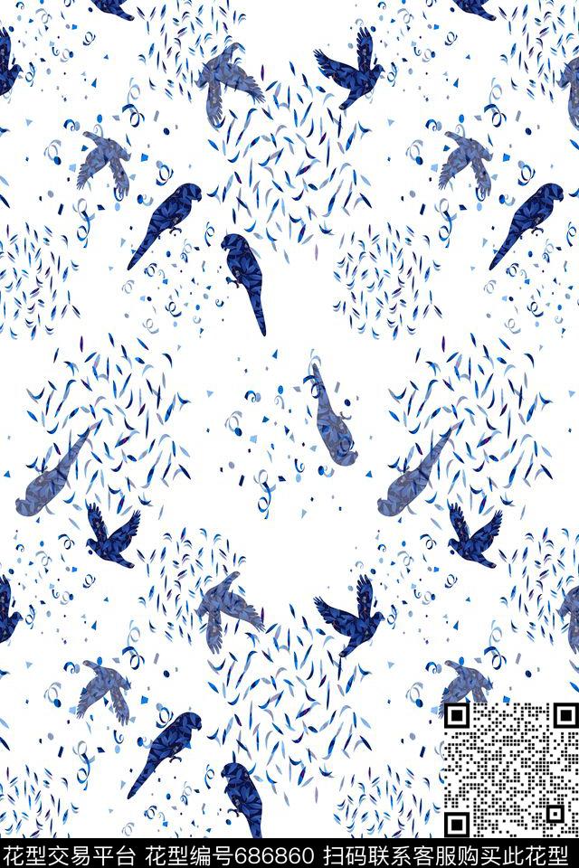 几何拼贴鸟昆虫图案青蓝雅韵系列传统印花华亿平台下载（图片编号: 686860） - 瓦栏（Walan）
