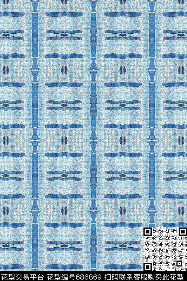 青蓝雅韵系列条纹混搭格子图案数码印花华亿平台下载（图片编号: 686869） - 瓦栏（Walan）