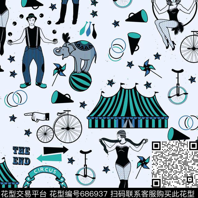 趣味马戏团动物人物小丑表演传统印花华亿平台下载（图片编号: 686937） - 瓦栏（Walan）