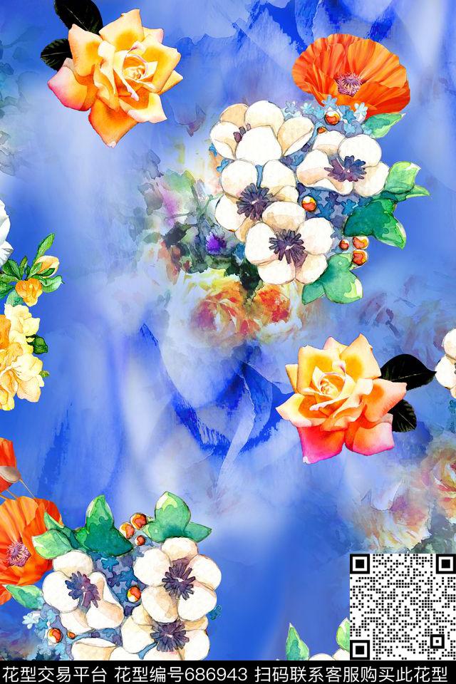 花朵花卉水彩数码印花华亿平台下载（图片编号: 686943） - 瓦栏（Walan）