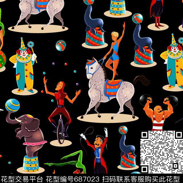 趣味马戏团动物人物小丑表演传统印花华亿平台下载（图片编号: 687023） - 瓦栏（Walan）