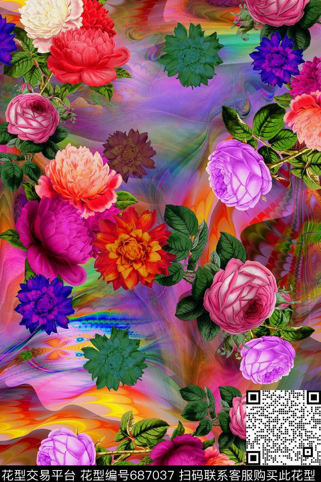 玫瑰花卉抽象数码印花华亿平台下载（图片编号: 687037） - 瓦栏（Walan）